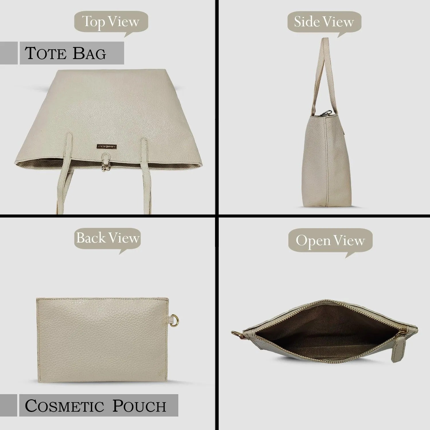 MANDAVA Women's/Ladies Top Handle PU Leather Tote Bag, Handbag with Detachable Cosmetic Pouch (Cream)