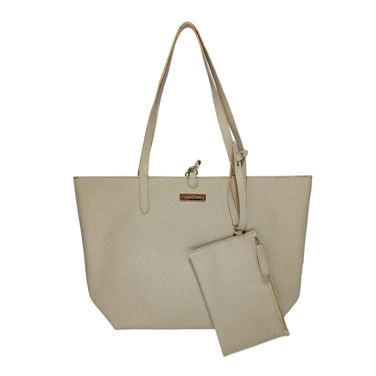 MANDAVA Women's/Ladies Top Handle PU Leather Tote Bag, Handbag with Detachable Cosmetic Pouch (Cream)