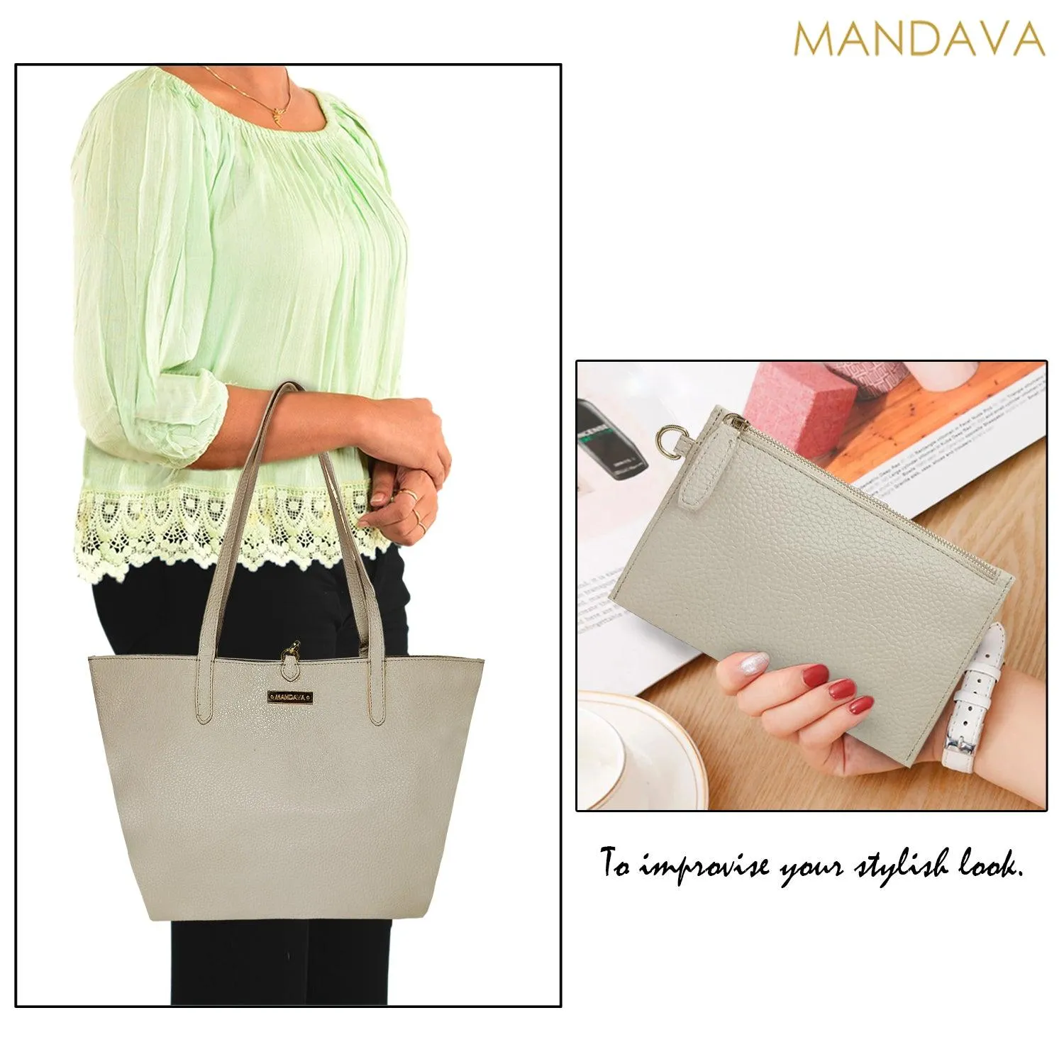 MANDAVA Women's/Ladies Top Handle PU Leather Tote Bag, Handbag with Detachable Cosmetic Pouch (Cream)