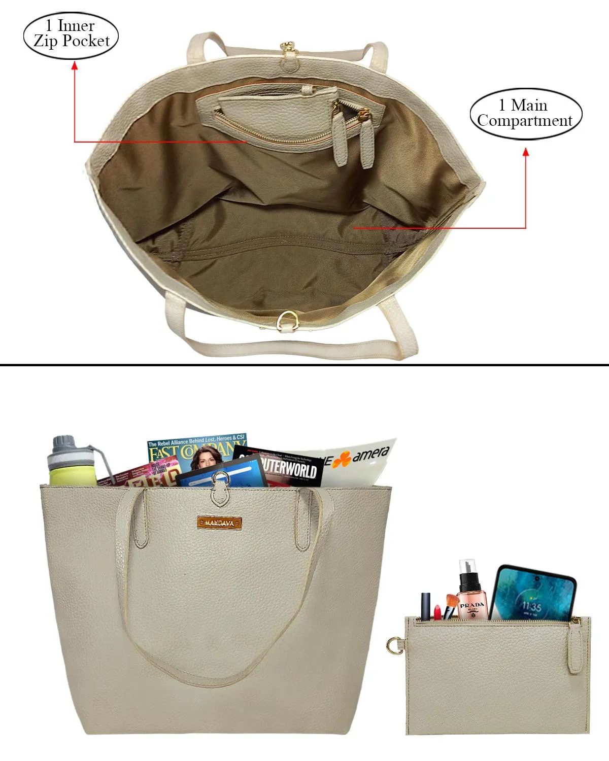 MANDAVA Women's/Ladies Top Handle PU Leather Tote Bag, Handbag with Detachable Cosmetic Pouch (Cream)