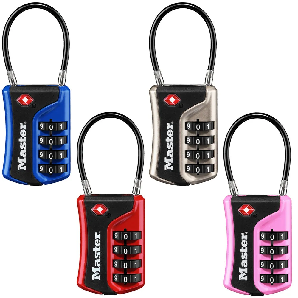 Master Lock 4697D Set Your Own Numeric Combination TSA-Accepted Luggage Lock with Flexible Shackle; Assorted Colors 1-3/8in (36mm) Wide (Pack of 4)