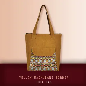 Mustard Madhubani Border Flap Tote Bag