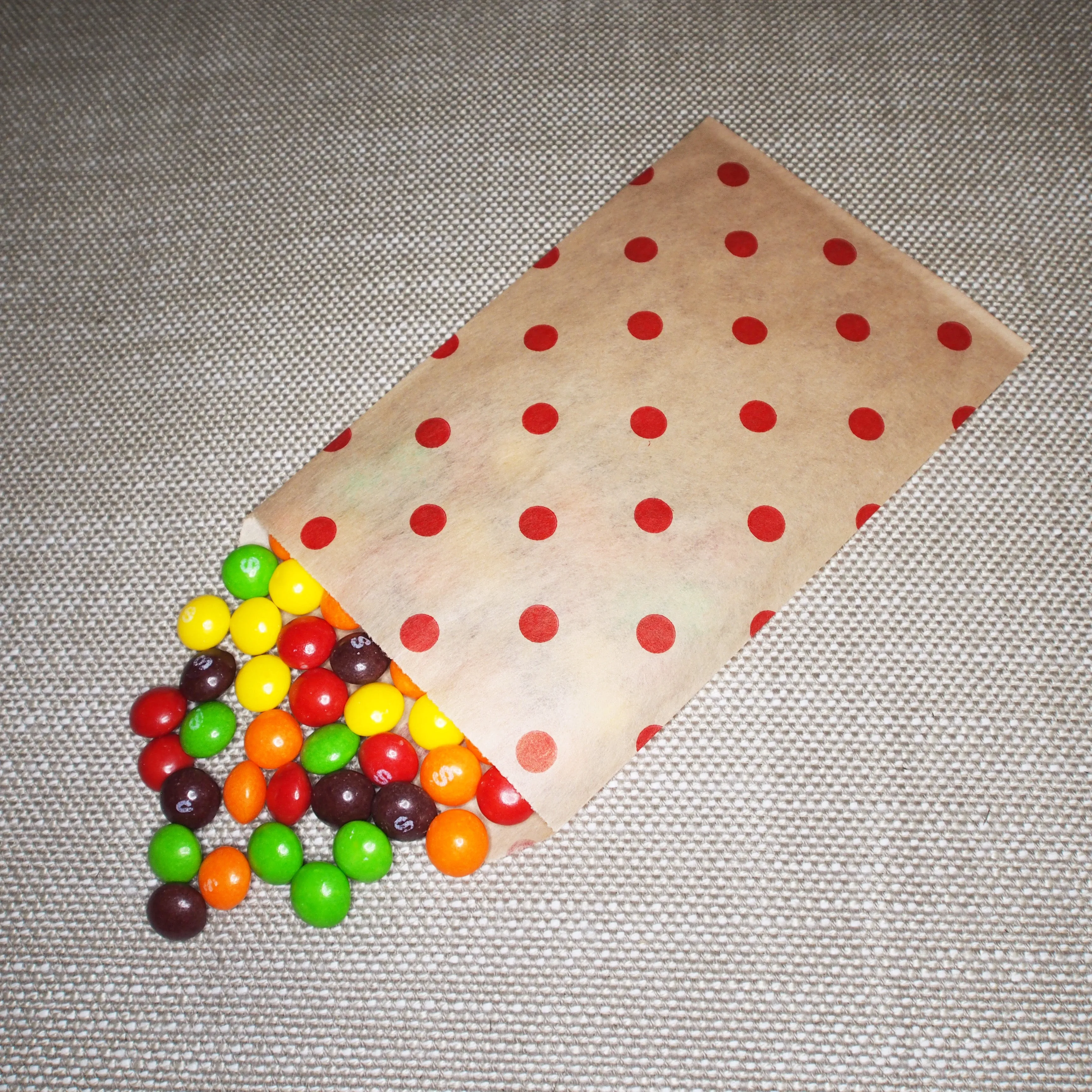 Red or White Polka Dots on Brown Flat Paper Bags -100Bags/Pack- Multiple Sizes