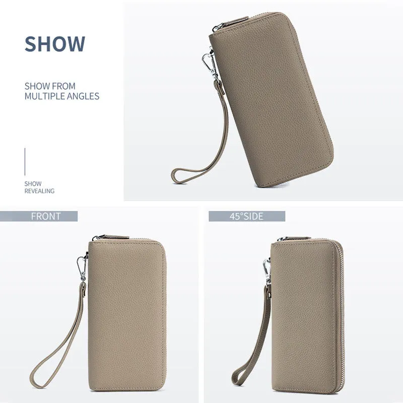 RFID Blocking Women Wallet Genuine Leather Zip Clutch Wristlet Purse