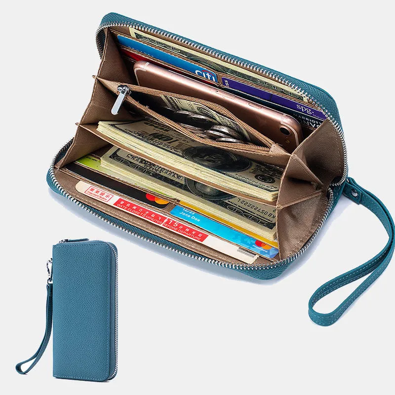 RFID Blocking Women Wallet Genuine Leather Zip Clutch Wristlet Purse