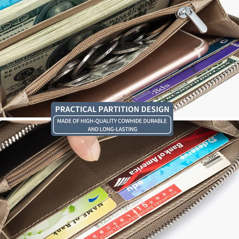 RFID Blocking Women Wallet Genuine Leather Zip Clutch Wristlet Purse