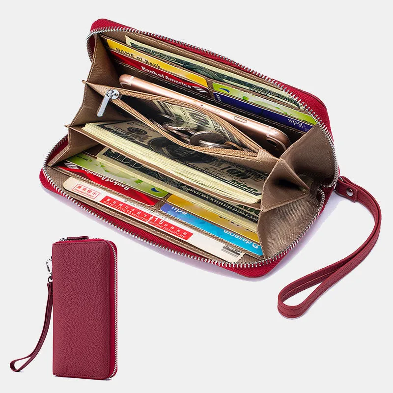 RFID Blocking Women Wallet Genuine Leather Zip Clutch Wristlet Purse