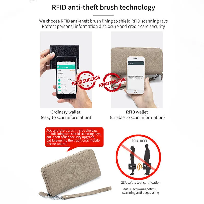 RFID Blocking Women Wallet Genuine Leather Zip Clutch Wristlet Purse