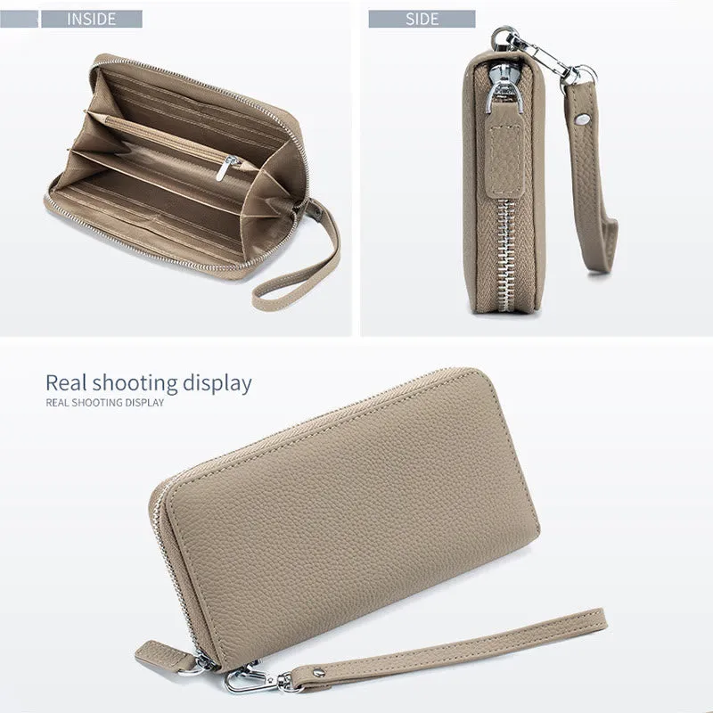 RFID Blocking Women Wallet Genuine Leather Zip Clutch Wristlet Purse