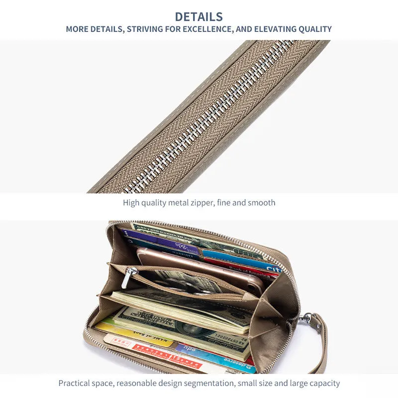 RFID Blocking Women Wallet Genuine Leather Zip Clutch Wristlet Purse