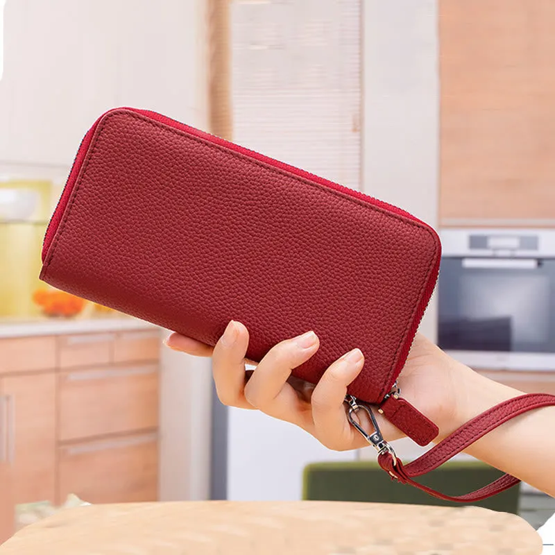 RFID Blocking Women Wallet Genuine Leather Zip Clutch Wristlet Purse
