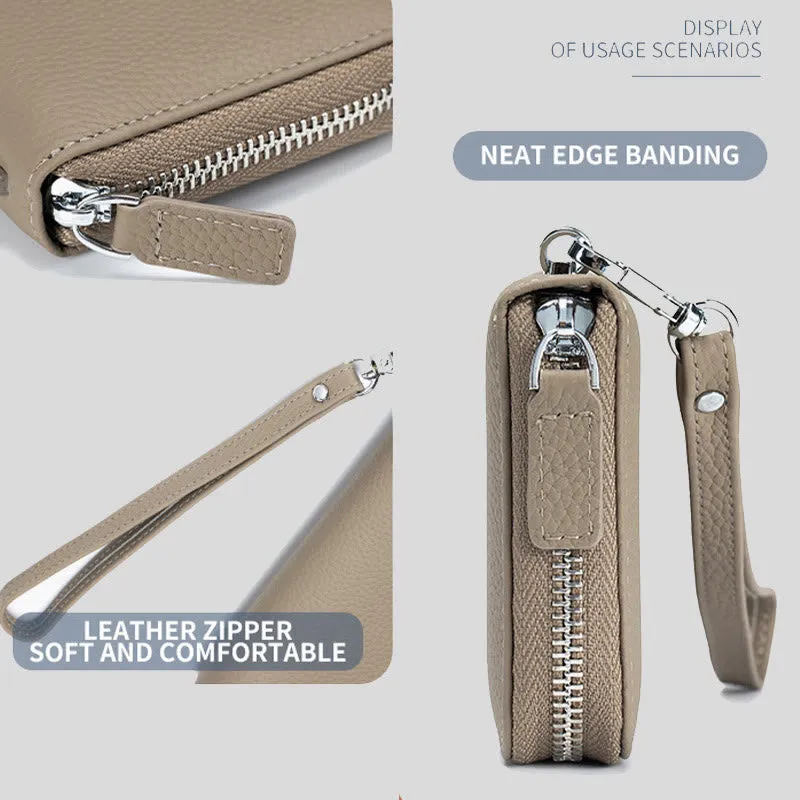 RFID Blocking Women Wallet Genuine Leather Zip Clutch Wristlet Purse