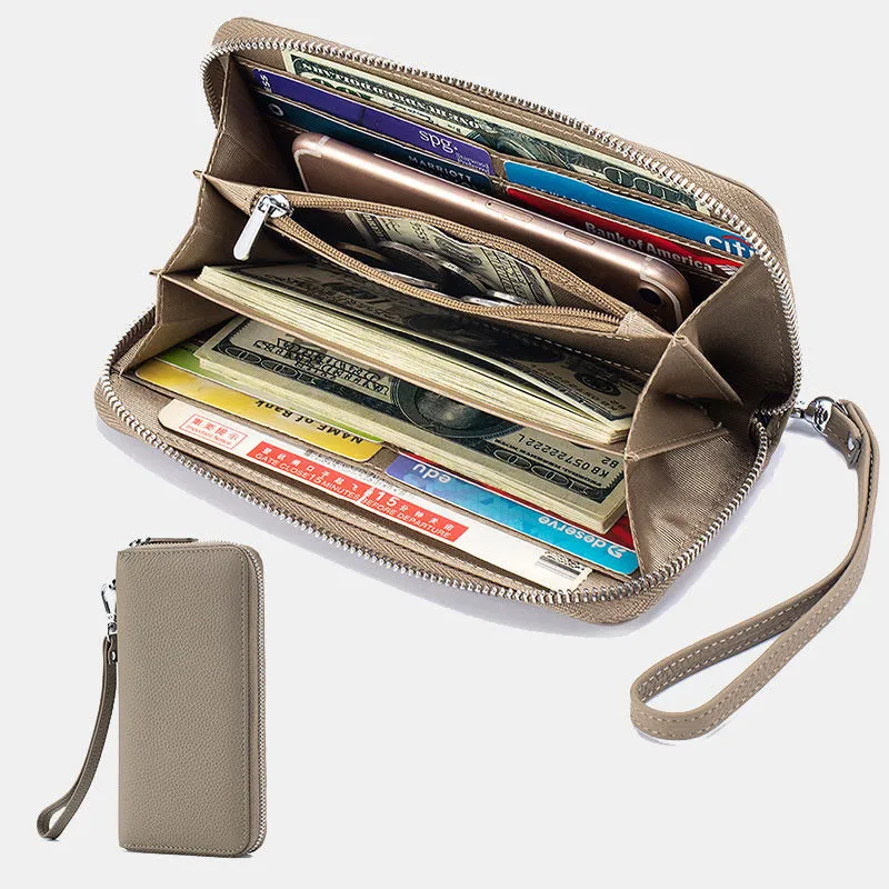 RFID Blocking Women Wallet Genuine Leather Zip Clutch Wristlet Purse