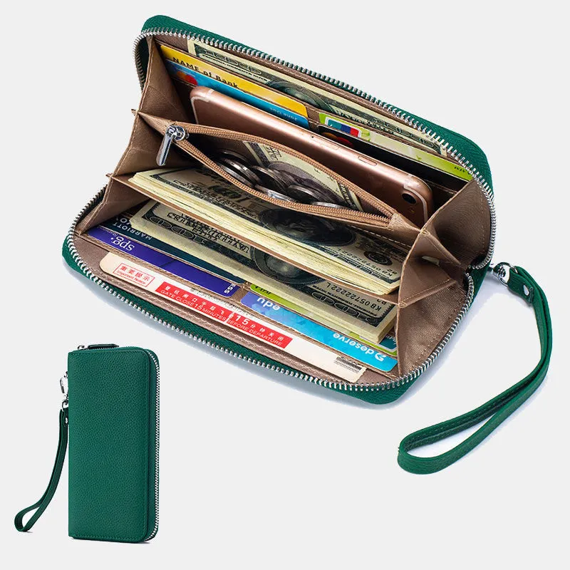 RFID Blocking Women Wallet Genuine Leather Zip Clutch Wristlet Purse