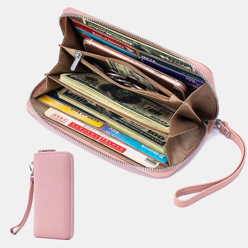 RFID Blocking Women Wallet Genuine Leather Zip Clutch Wristlet Purse