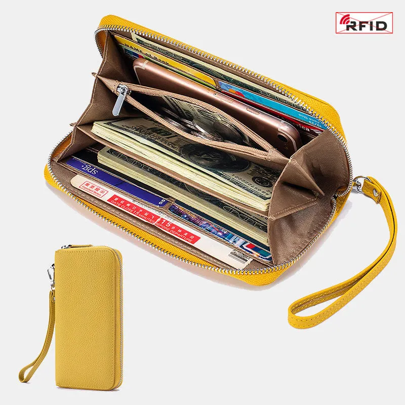 RFID Blocking Women Wallet Genuine Leather Zip Clutch Wristlet Purse
