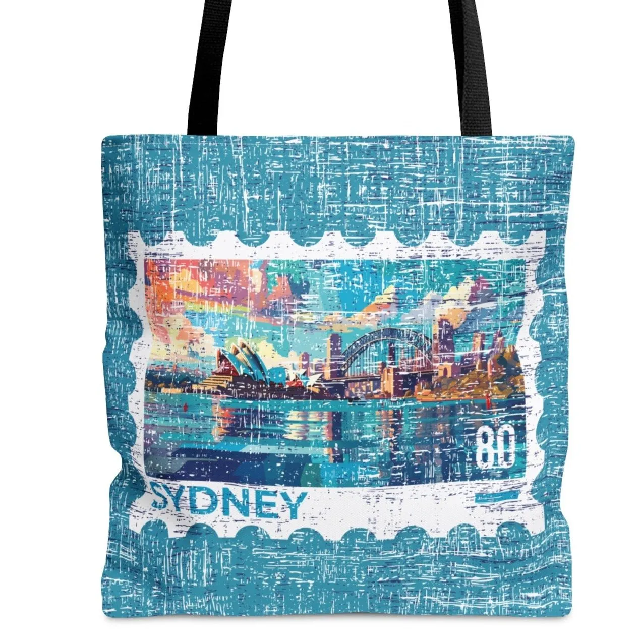Sydney Stamp Large Tote Bag - Australian Landmark Cityscape on Blue Canvas