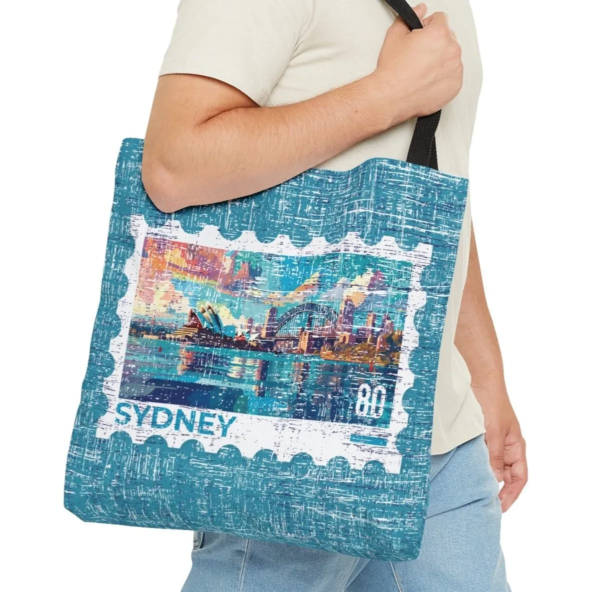 Sydney Stamp Large Tote Bag - Australian Landmark Cityscape on Blue Canvas