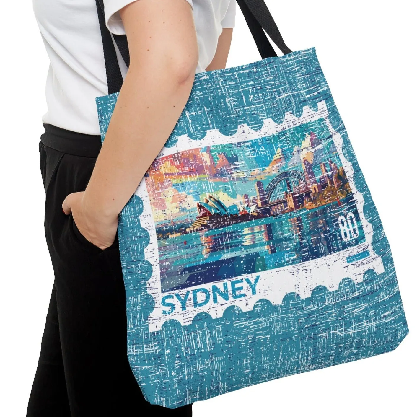 Sydney Stamp Large Tote Bag - Australian Landmark Cityscape on Blue Canvas