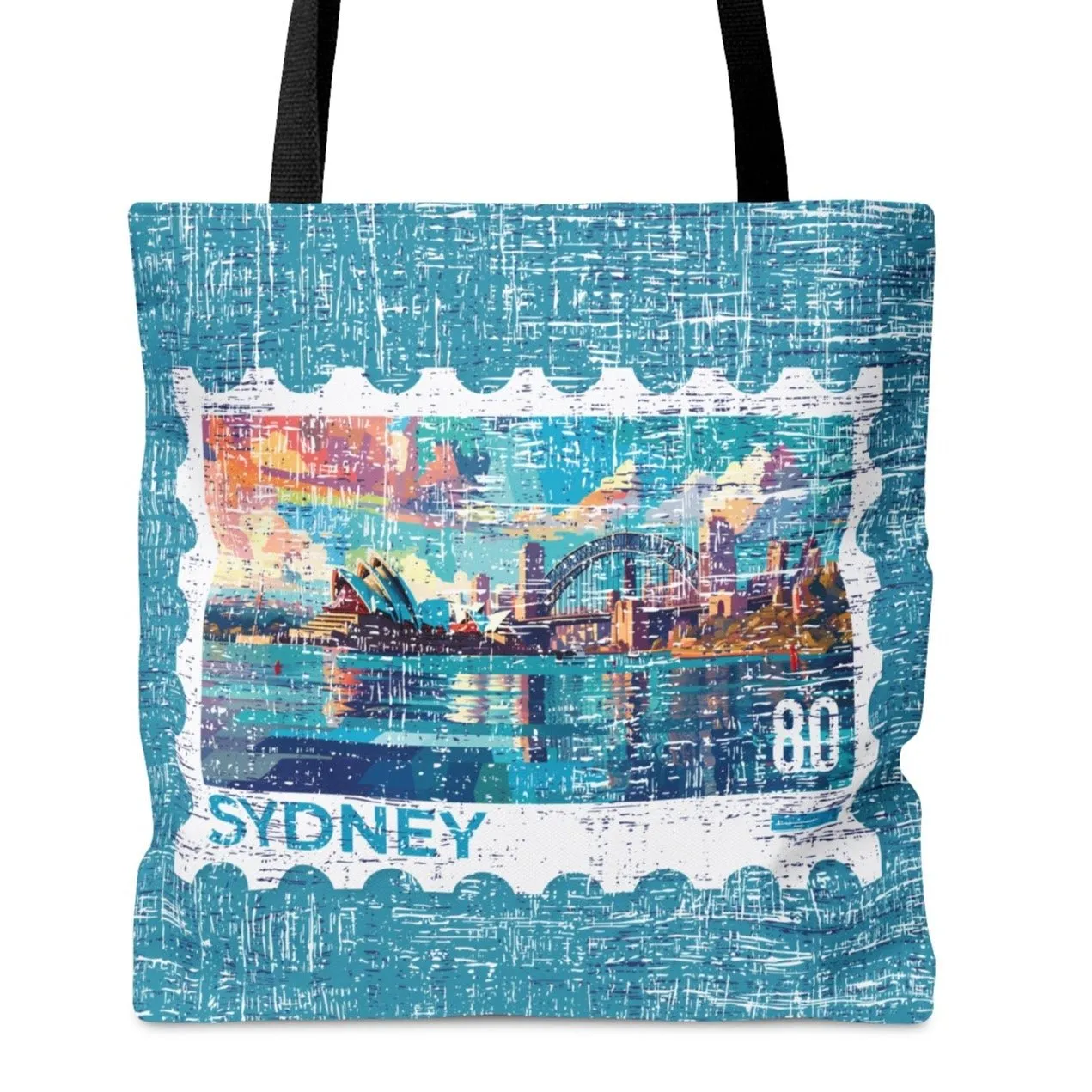 Sydney Stamp Large Tote Bag - Australian Landmark Cityscape on Blue Canvas