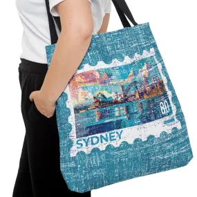 Sydney Stamp Large Tote Bag - Australian Landmark Cityscape on Blue Canvas
