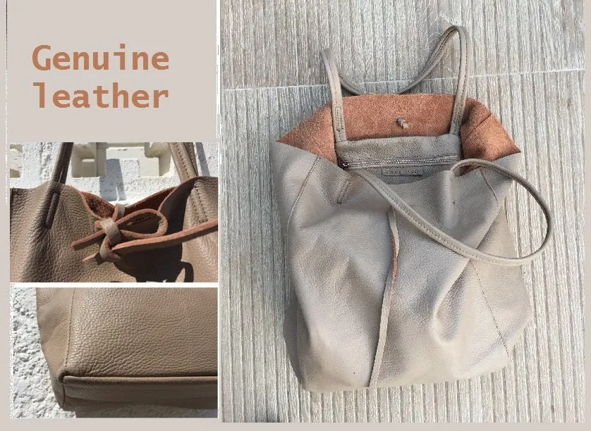 Tote bag in TAUPE with belt.Soft natural GENUINE leather bag   belt set. Large dark beige leather bag. Computer, tablet or Laptop bag.