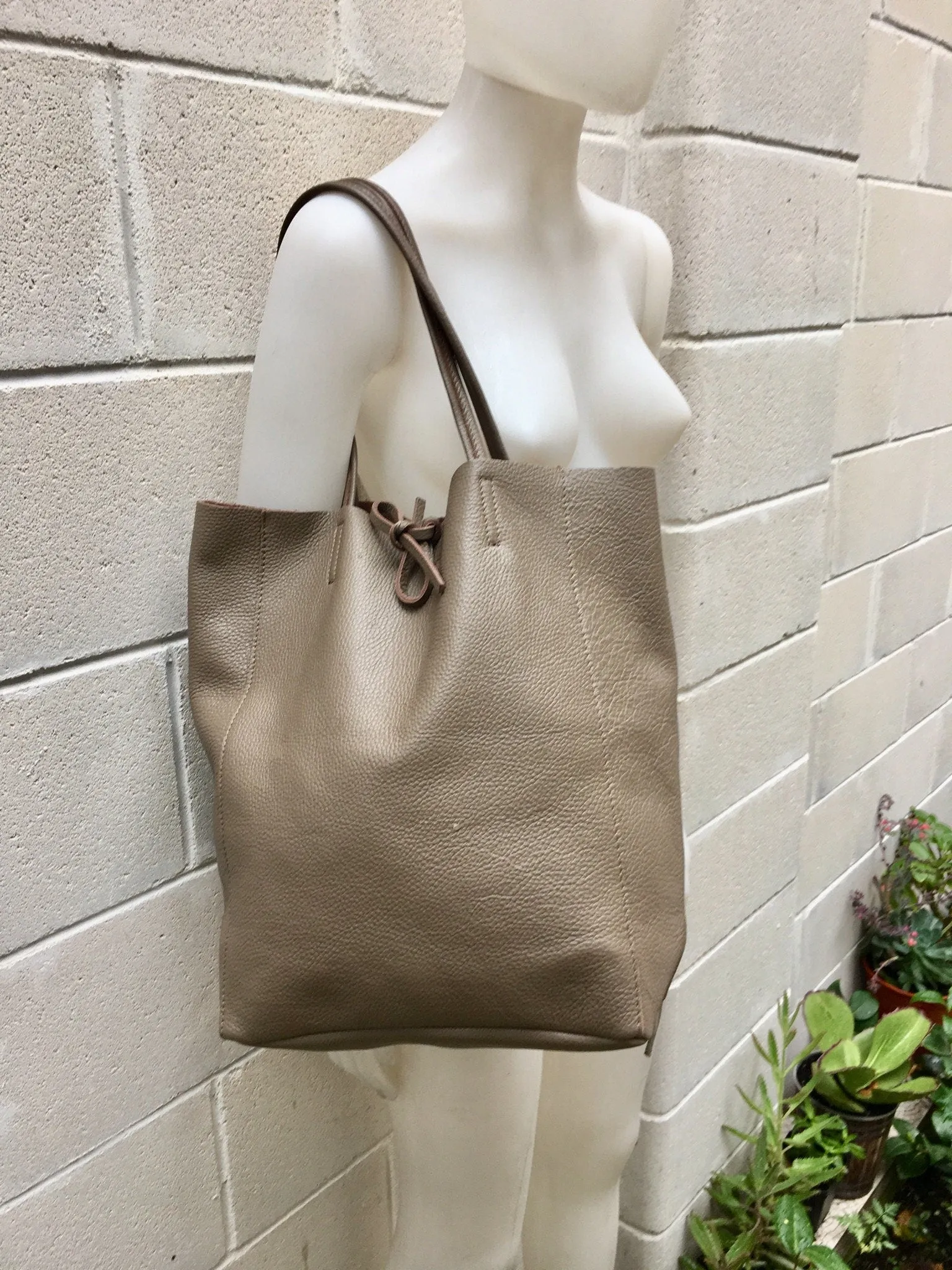 Tote bag in TAUPE with belt.Soft natural GENUINE leather bag   belt set. Large dark beige leather bag. Computer, tablet or Laptop bag.