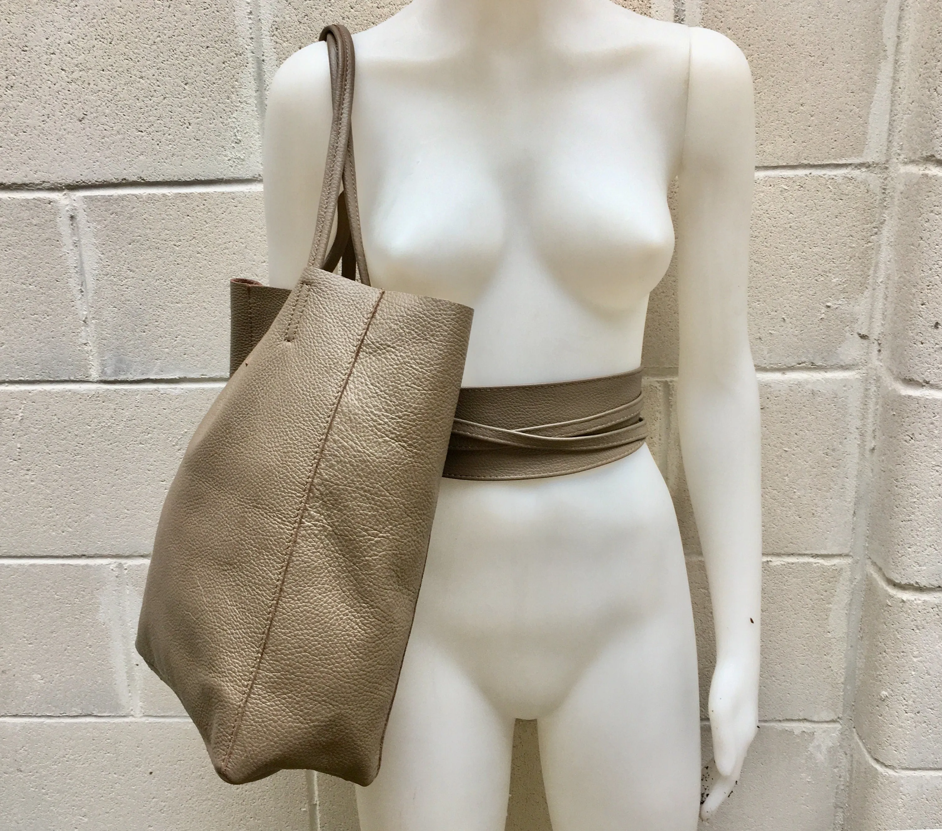 Tote bag in TAUPE with belt.Soft natural GENUINE leather bag   belt set. Large dark beige leather bag. Computer, tablet or Laptop bag.