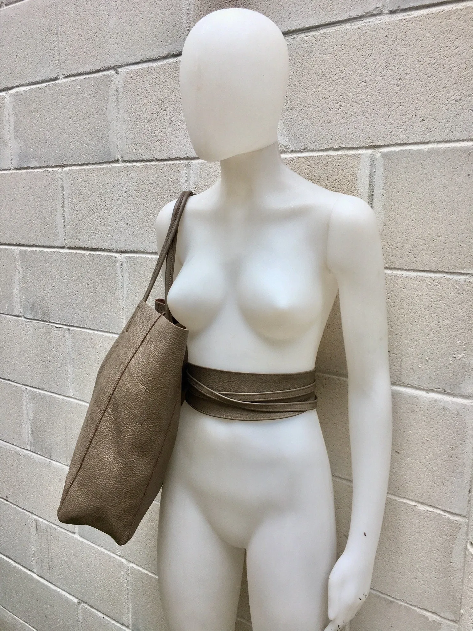 Tote bag in TAUPE with belt.Soft natural GENUINE leather bag   belt set. Large dark beige leather bag. Computer, tablet or Laptop bag.