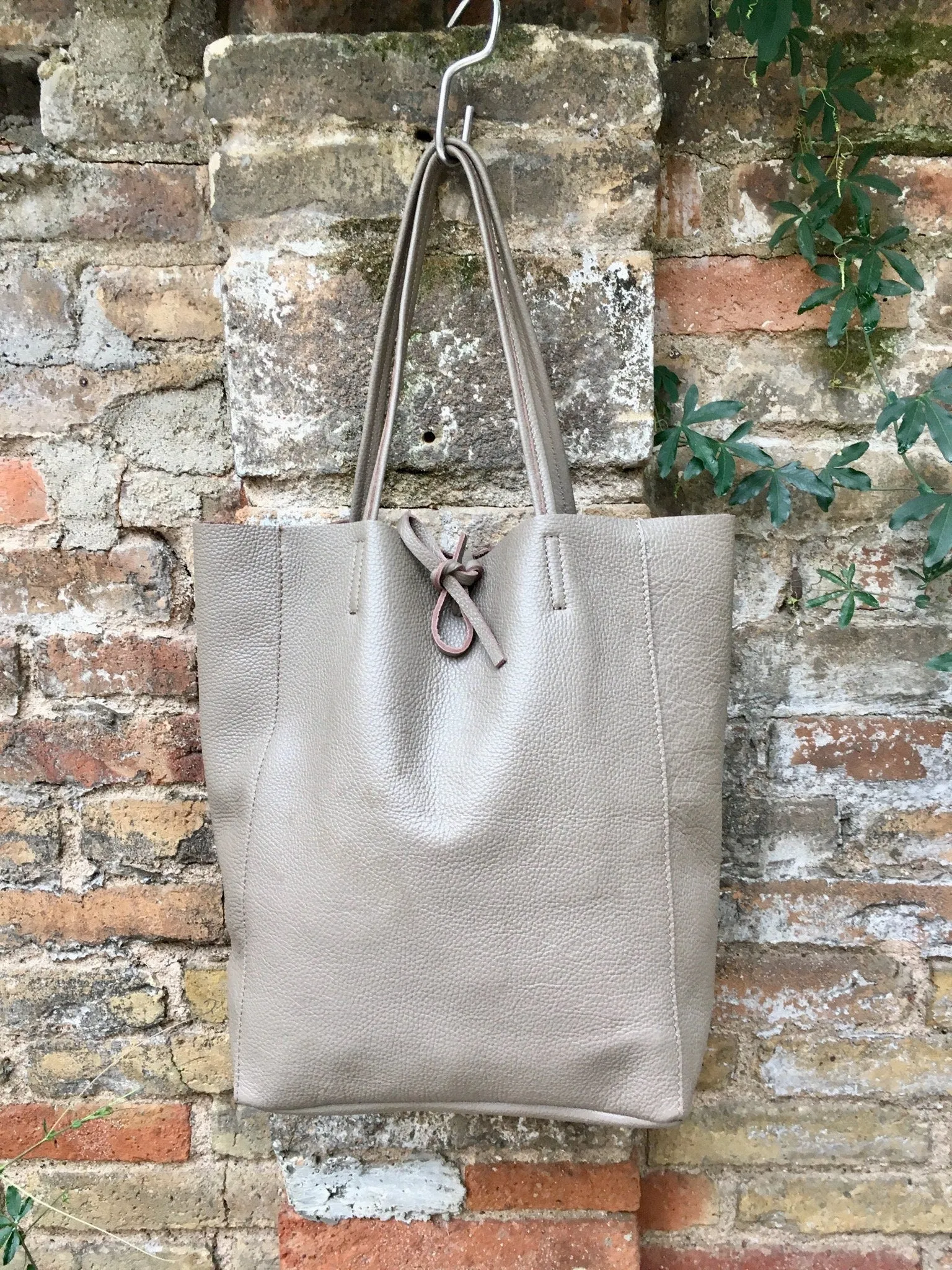 Tote bag in TAUPE with belt.Soft natural GENUINE leather bag   belt set. Large dark beige leather bag. Computer, tablet or Laptop bag.