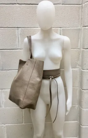 Tote bag in TAUPE with belt.Soft natural GENUINE leather bag   belt set. Large dark beige leather bag. Computer, tablet or Laptop bag.
