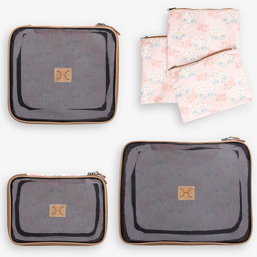Travel Luggage Organizer Pods 6 piece set | Crazy Daisy Blush