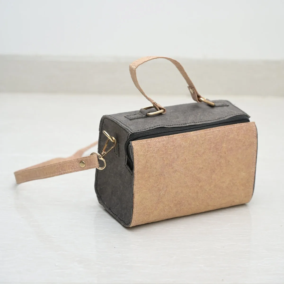 Women Stylish Mini Duffel Bag | Travel Apt | Coconut Leather | Dark Grey & Beige
