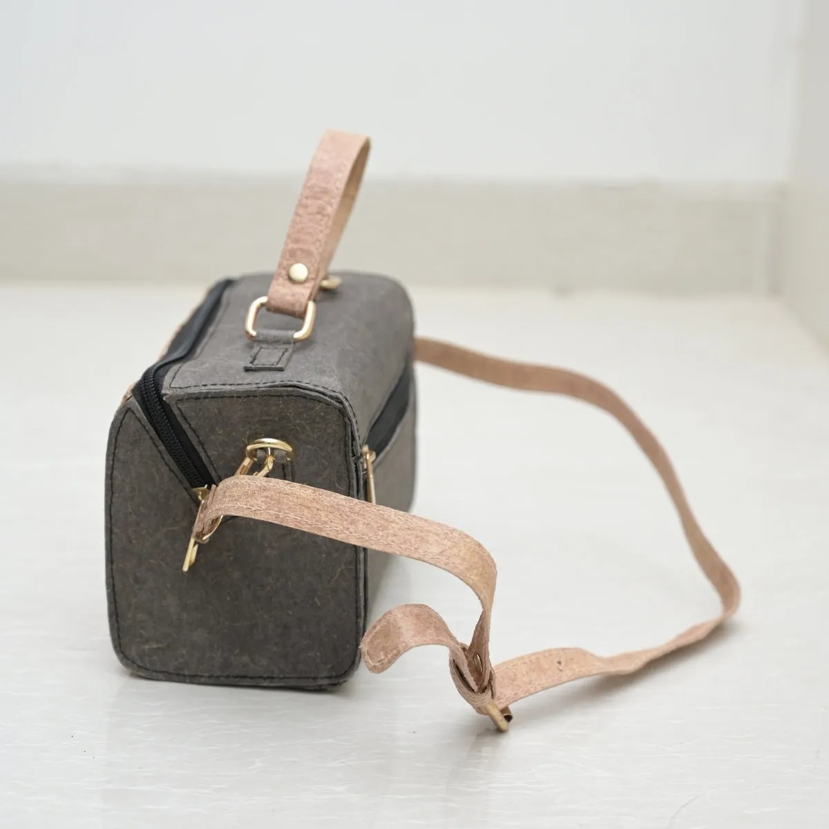 Women Stylish Mini Duffel Bag | Travel Apt | Coconut Leather | Dark Grey & Beige